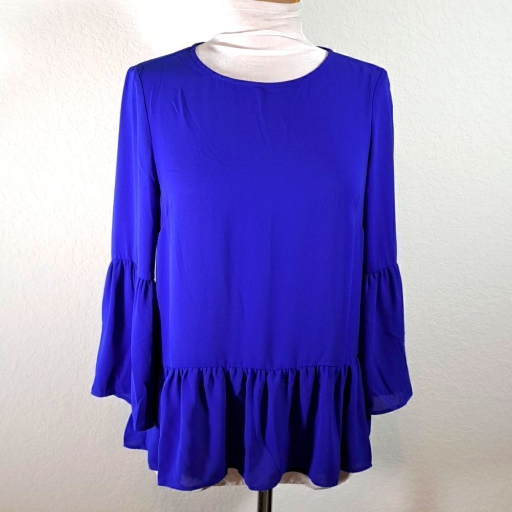 J.Crew Women’s Top Royal Blue XS 3/4 Length Bell Sleeve Ruffle Peplum Blouse